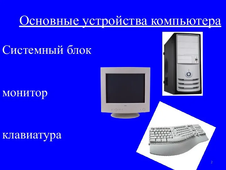 Основные устройства компьютера Системный блок монитор клавиатура