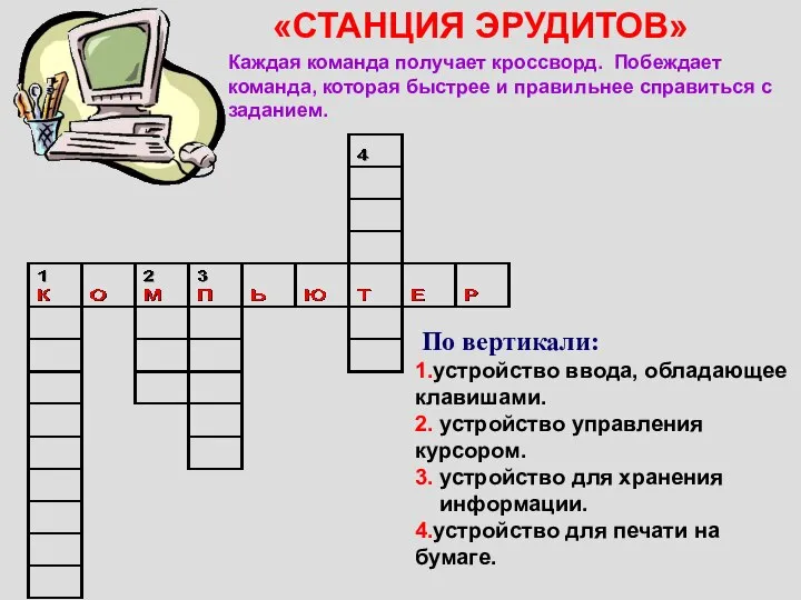 По вертикали: 1.устройство ввода, обладающее клавишами. 2. устройство управления курсором. 3.