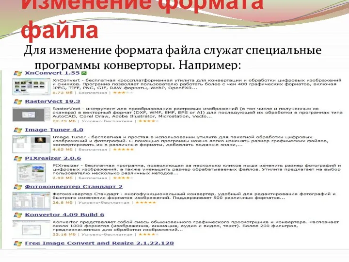 Изменение формата файла Для изменение формата файла служат специальные программы конверторы. Например: