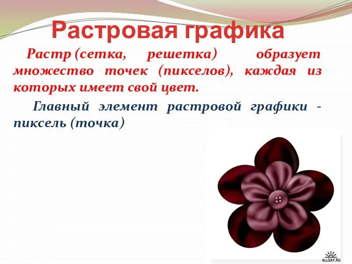 Растровая графика Растр (сетка, решетка) образует множество точек (пикселов), каждая из