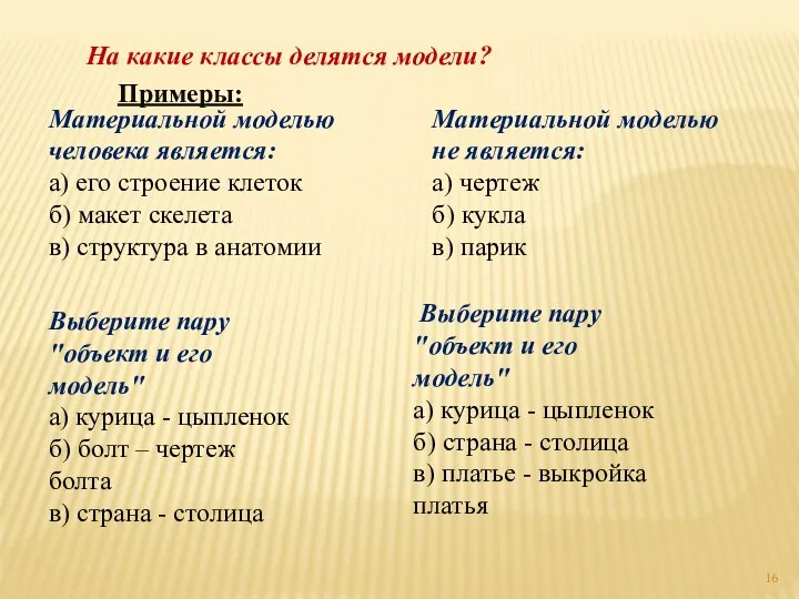 На какие классы делятся модели? Материальной моделью человека является: а) его