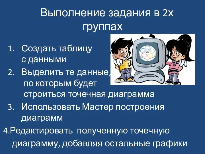 Выполнение задания в 2х группах Создать таблицу с данными Выделить те