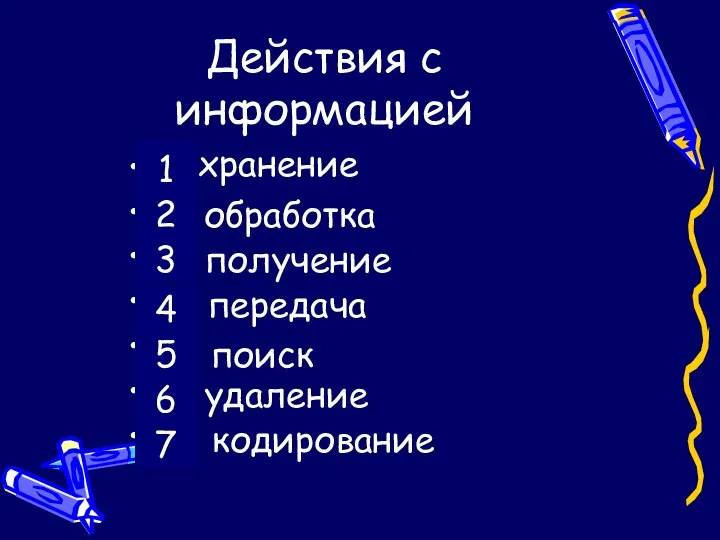 Действия с информацией 1) 2) 3) 4) 5) 6) 7) хранение