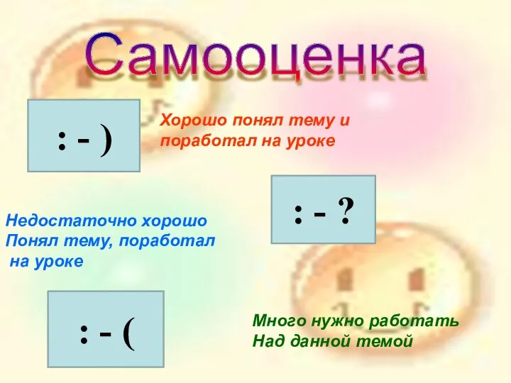 Самооценка Хорошо понял тему и поработал на уроке Недостаточно хорошо Понял