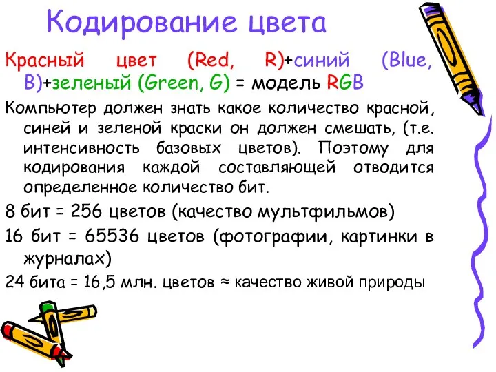 Кодирование цвета Красный цвет (Red, R)+синий (Blue, B)+зеленый (Green, G) =