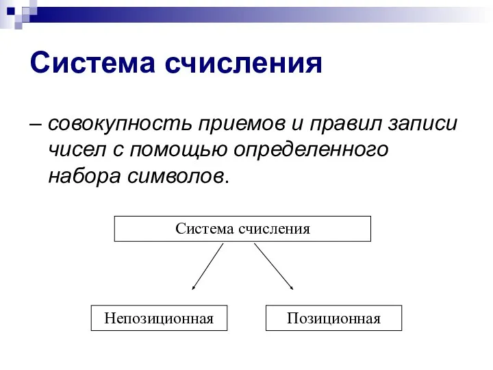 Система счисления – совокупность приемов и правил записи чисел с помощью