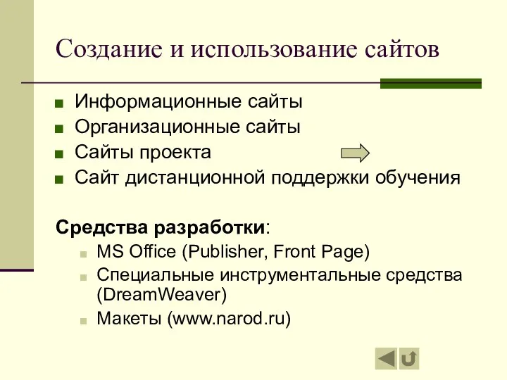 Создание и использование сайтов Информационные сайты Организационные сайты Сайты проекта Сайт