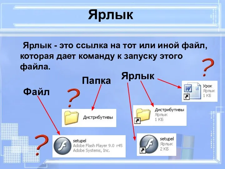 Ярлык Ярлык - это ссылка на тот или иной файл, которая