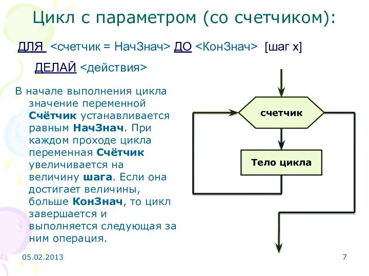 ДЛЯ ДО [шаг х] ДЕЛАЙ Цикл с параметром (со счетчиком): 05.02.2013