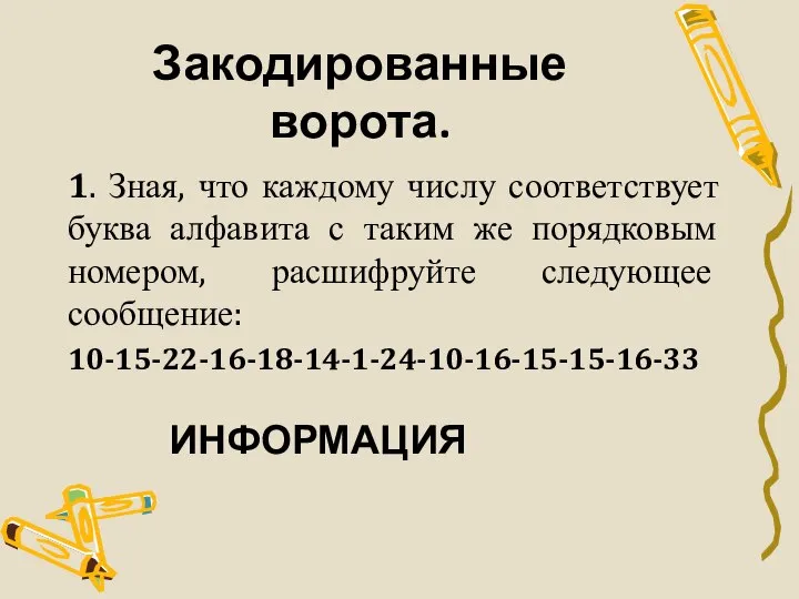 Закодированные ворота. 1. Зная, что каждому числу соответствует буква алфавита с