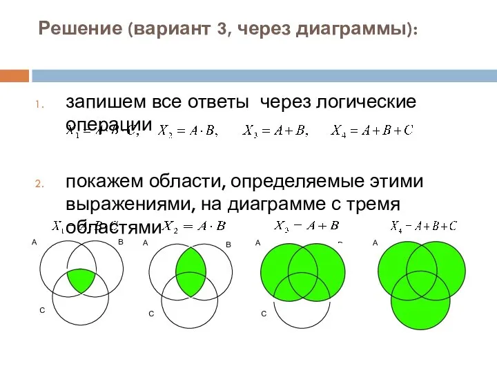 Решение (вариант 3, через диаграммы): запишем все ответы через логические операции