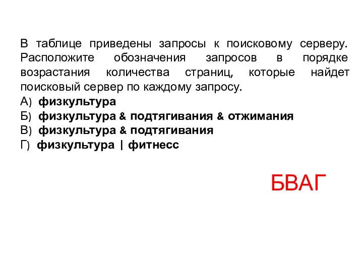 В таблице приведены запросы к поисковому серверу. Расположите обозначения запросов в