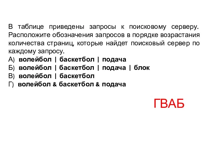 В таблице приведены запросы к поисковому серверу. Расположите обозначения запросов в