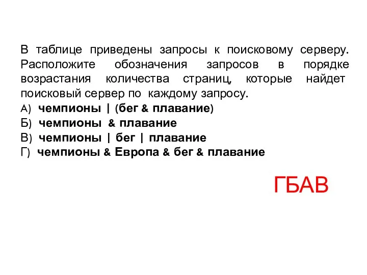 В таблице приведены запросы к поисковому серверу. Расположите обозначения запросов в