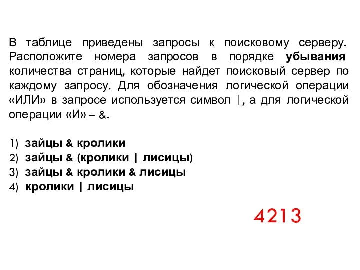 В таблице приведены запросы к поисковому серверу. Расположите номера запросов в