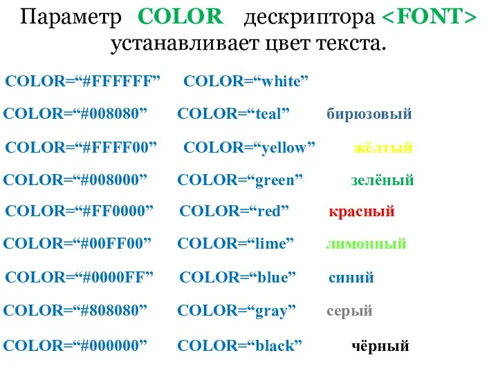 Параметр COLOR дескриптора устанавливает цвет текста. COLOR=“#FFFFFF” COLOR=“white” белый COLOR=“#008080” COLOR=“teal”