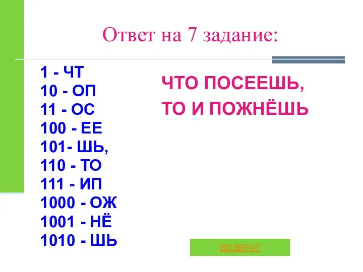 Ответ на 7 задание: 1 - ЧТ 10 - ОП 11