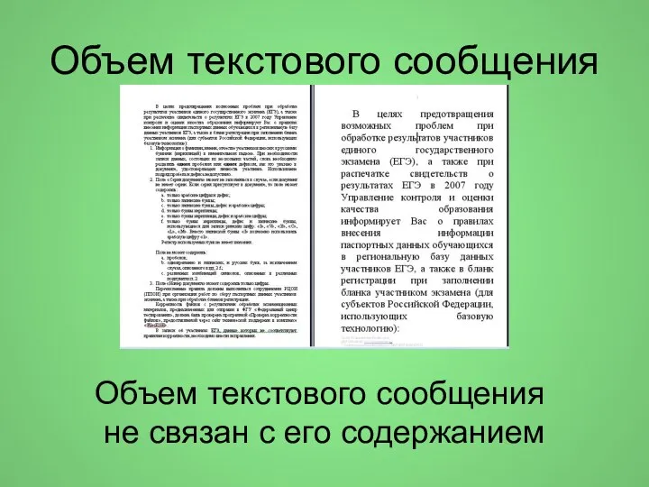 Объем текстового сообщения Объем текстового сообщения не связан с его содержанием