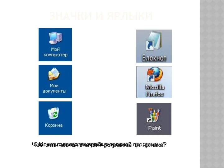 ЗНАЧКИ И ЯРЛЫКИ Чем отличается значок программы от ярлыка? Сколько ярлыков