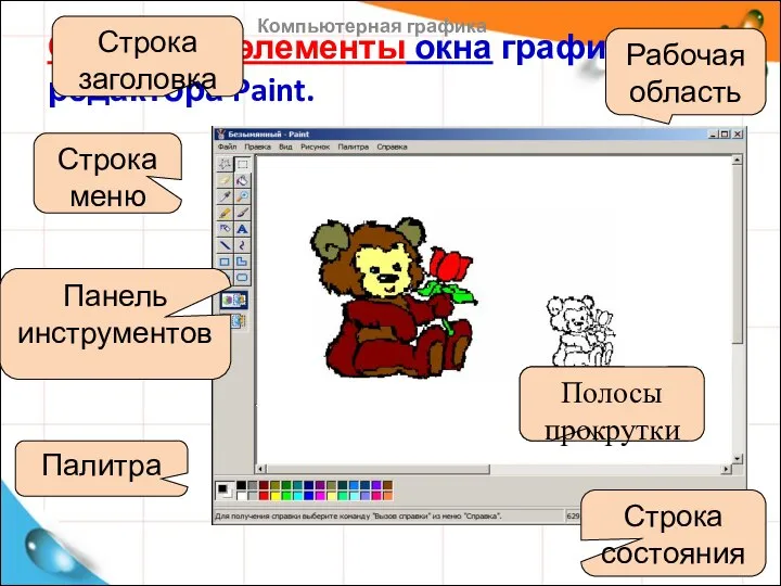 Основные элементы окна графического редактора Paint. Рабочая область Строка состояния Строка
