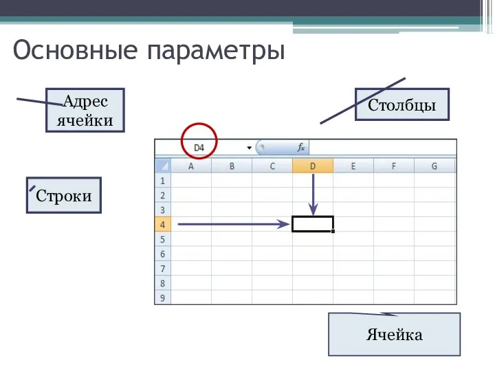 Столбцы Строки Ячейка Адрес ячейки Основные параметры