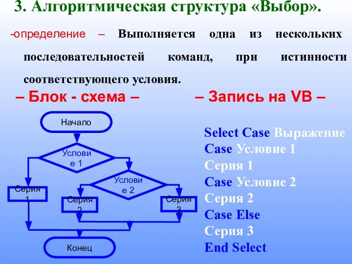 3. Алгоритмическая структура «Выбор». -определение – Выполняется одна из нескольких последовательностей