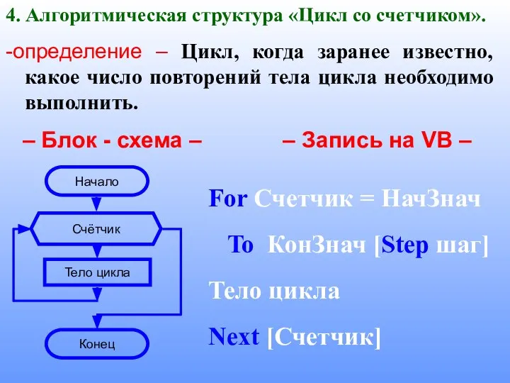 4. Алгоритмическая структура «Цикл со счетчиком». -определение – Цикл, когда заранее