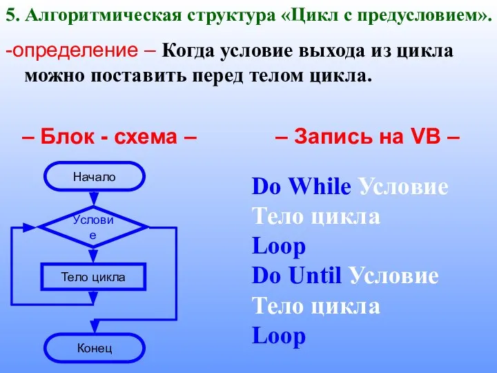 5. Алгоритмическая структура «Цикл с предусловием». -определение – Когда условие выхода