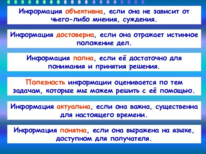 Информация объективна, если она не зависит от чьего-либо мнения, суждения. Информация