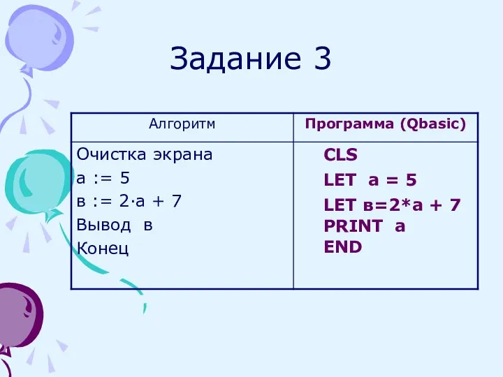 Задание 3 CLS LET a = 5 PRINT а END LET в=2*а + 7