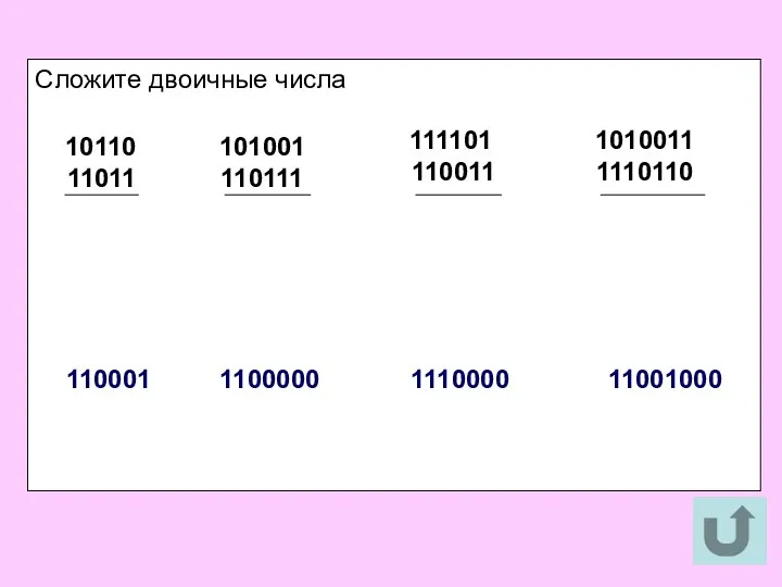 Сложите двоичные числа 10110 11011 101001 110111 111101 110011 1010011 1110110 110001 1100000 1110000 11001000