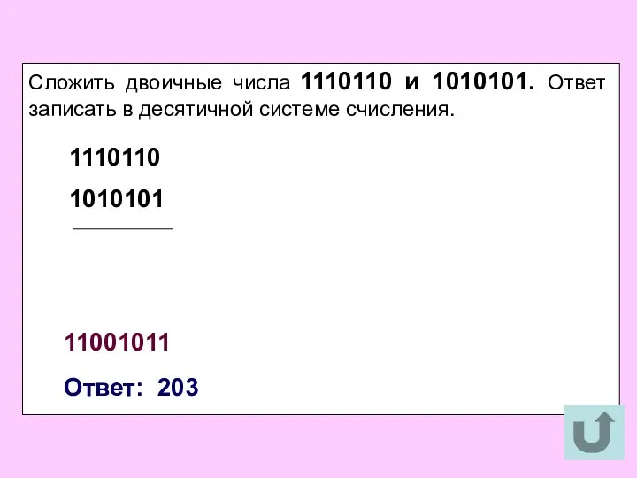 Сложить двоичные числа 1110110 и 1010101. Ответ записать в десятичной системе