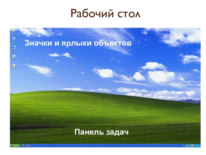 Значки и ярлыки объектов Панель задач Рабочий стол