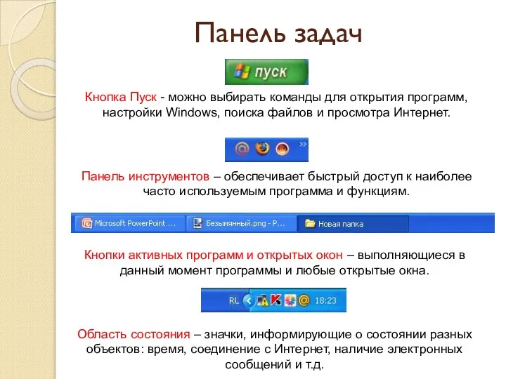 Панель задач Кнопка Пуск - можно выбирать команды для открытия программ,