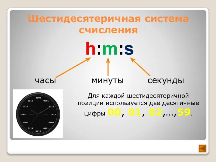 Шестидесятеричная система счисления h:m:s часы минуты секунды Для каждой шестидесятеричной позиции