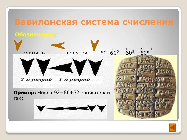 Вавилонская система счисления Пример: Число 92=60+32 записывали так: