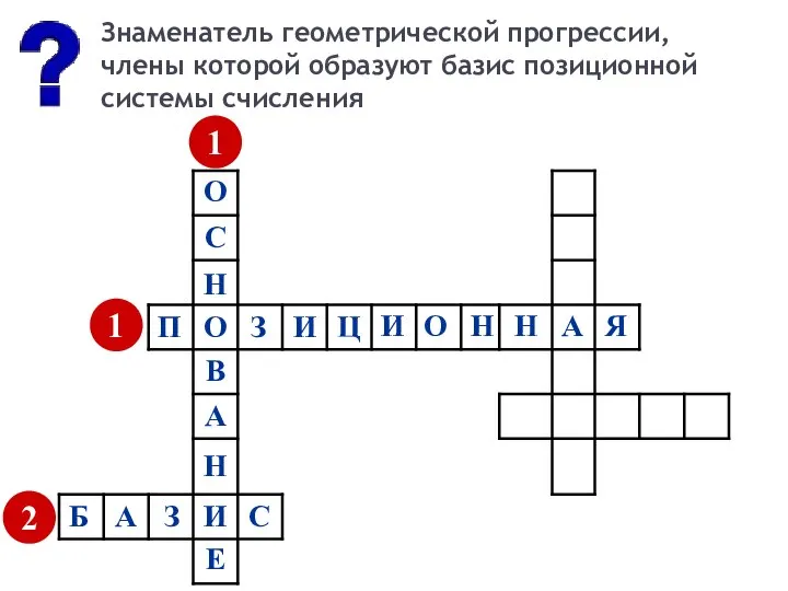 Знаменатель геометрической прогрессии, члены которой образуют базис позиционной системы счисления 1