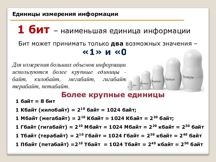 1 байт = 8 бит 1 Кбайт (килобайт) = 210 байт