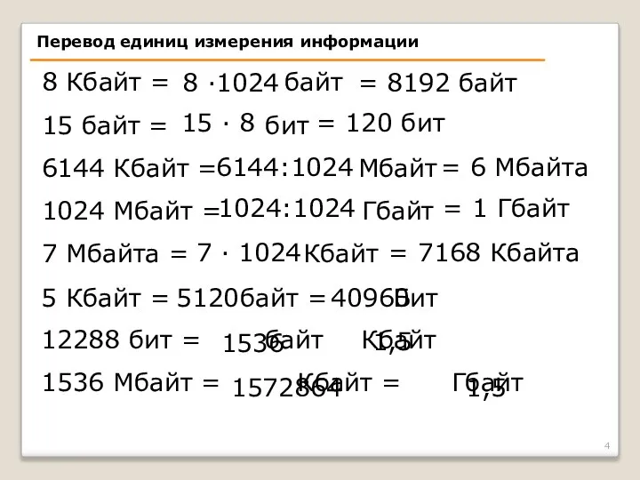 8 Кбайт = байт 15 байт = бит 6144 Кбайт =