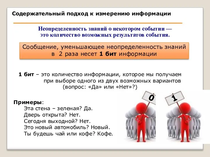 Сообщение, уменьшающее неопределенность знаний в 2 раза несет 1 бит информации