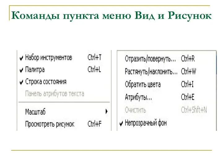 Команды пункта меню Вид и Рисунок