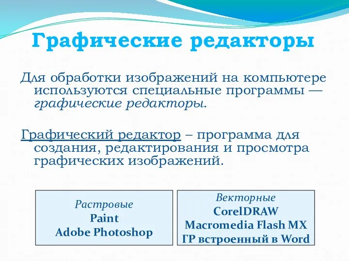 Графические редакторы Для обработки изображений на компьютере используются специальные программы —