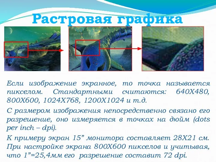 Растровая графика Если изображение экранное, то точка называется пикселом. Стандартными считаются: