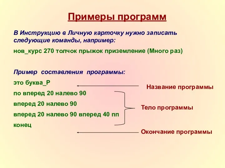 Примеры программ В Инструкцию в Личную карточку нужно записать следующие команды,