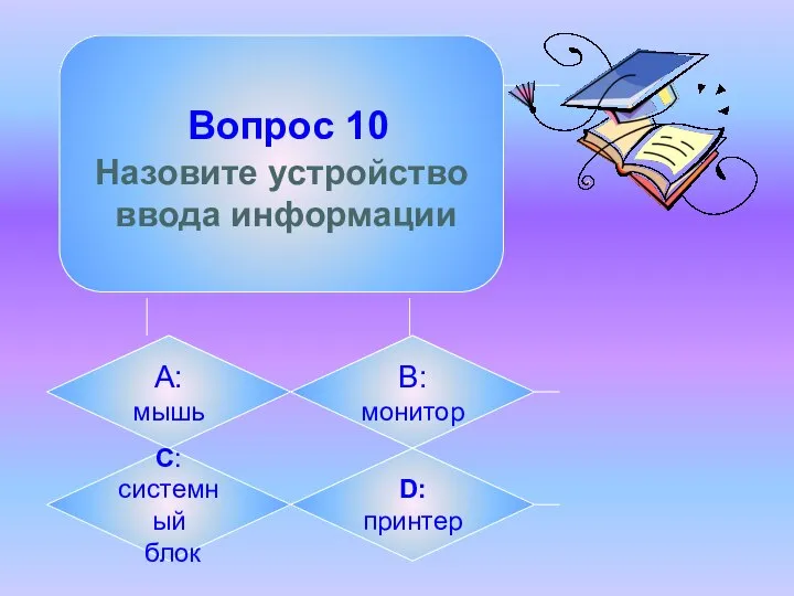 Вопрос 10 Назовите устройство ввода информации А: мышь B: монитор C: системный блок D: принтер