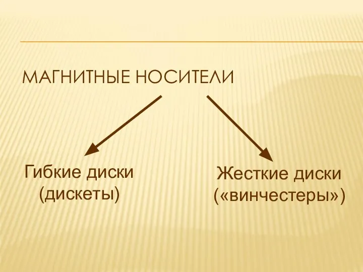 МАГНИТНЫЕ НОСИТЕЛИ Гибкие диски (дискеты) Жесткие диски («винчестеры»)