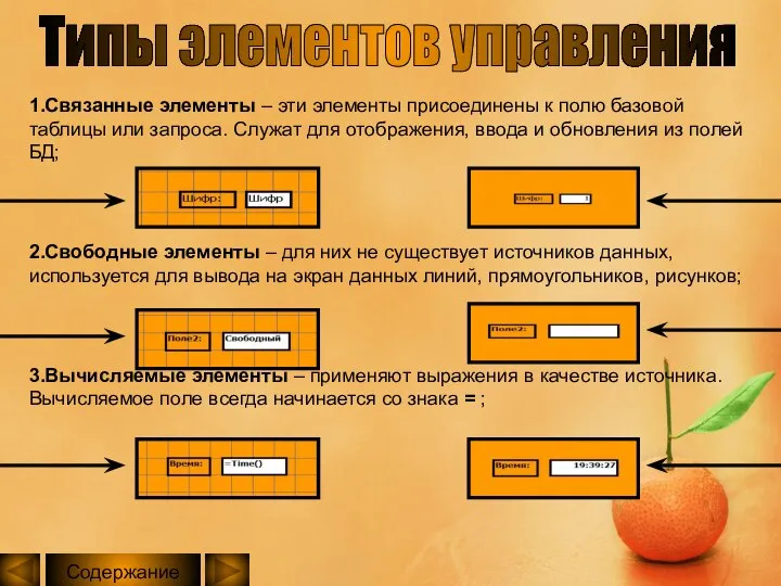 Типы элементов управления 1.Связанные элементы – эти элементы присоединены к полю