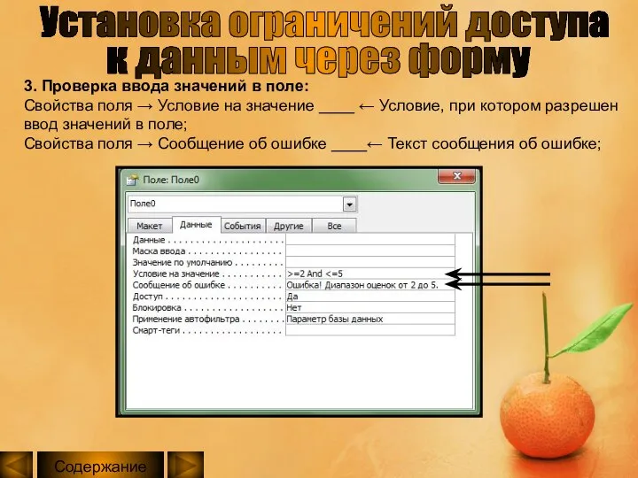 3. Проверка ввода значений в поле: Свойства поля → Условие на