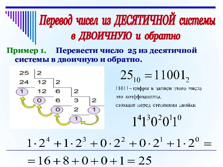Перевод чисел из ДЕСЯТИЧНОЙ системы в ДВОИЧНУЮ и обратно Пример 1.