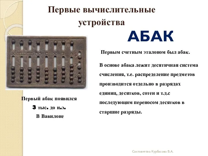 Первые вычислительные устройства Первым счетным эталоном был абак. В основе абака